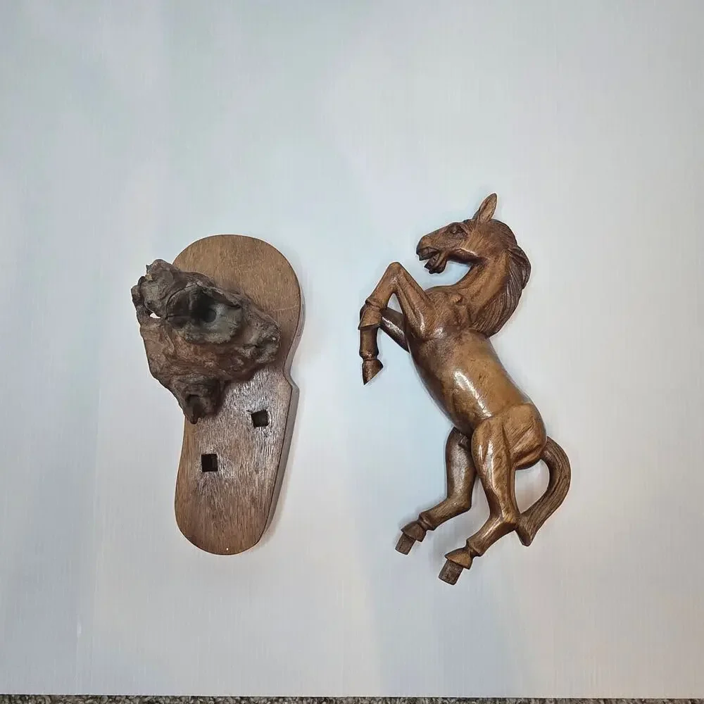Vintage Wood Hand Carved Rearing Jumping Horse Statue with Base 2 Piece *CHIP*